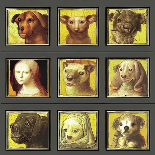 Image similar to multiple paintings by Leonardo Davinci in a 4x4 grid of various cute animals looking adorably at the camera