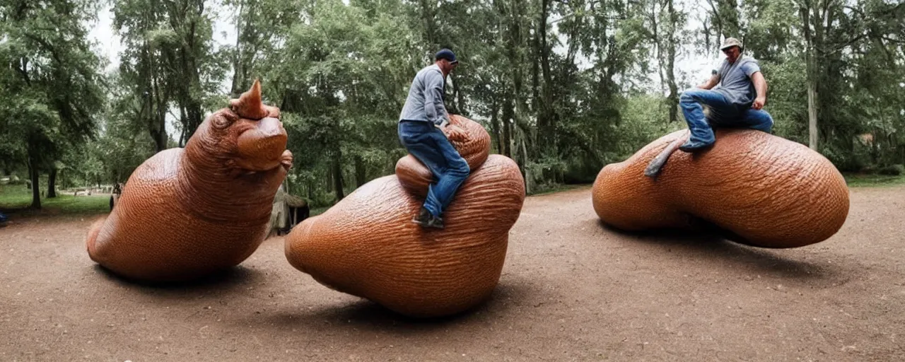 Prompt: a man riding a giant slug like its a horse