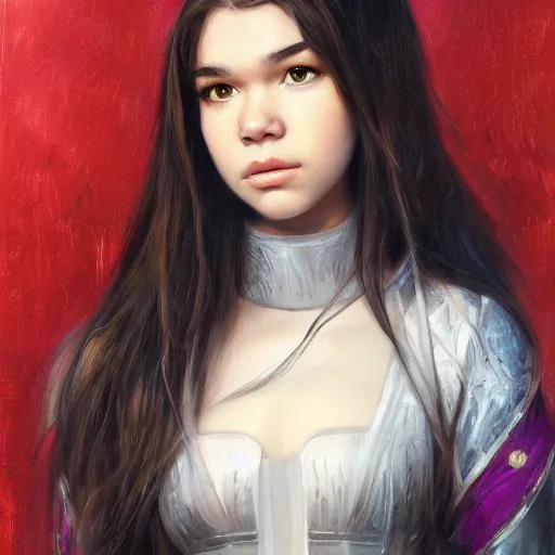 Prompt: realistic Portrait painting of a Hailee Steinfeld as Garo from Japan, made by Gustave Courbet, physical painting, Sharp focus,digital art, bright colors,fine art, trending on Artstation, unreal engine.