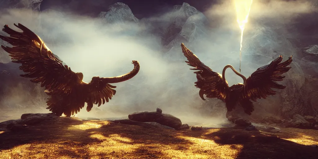 Image similar to bird wings, gold ram horns, copper goat skulls, grand imposing powerful sculpture. swirls of mist. sunrise, intense light beams, lens flare. occult photorealism, uhd, amazing depth, volumetric lighting, cinematic lighting. epic landscape.