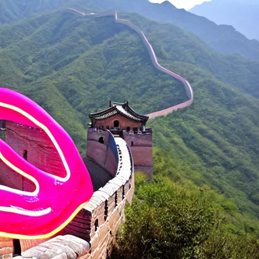 Image similar to neon pink flamingo signs on the great wall of china