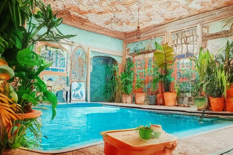 Prompt: realistic photo of pool inside a ornated room, lofi, colorful, magical plants, cinematic