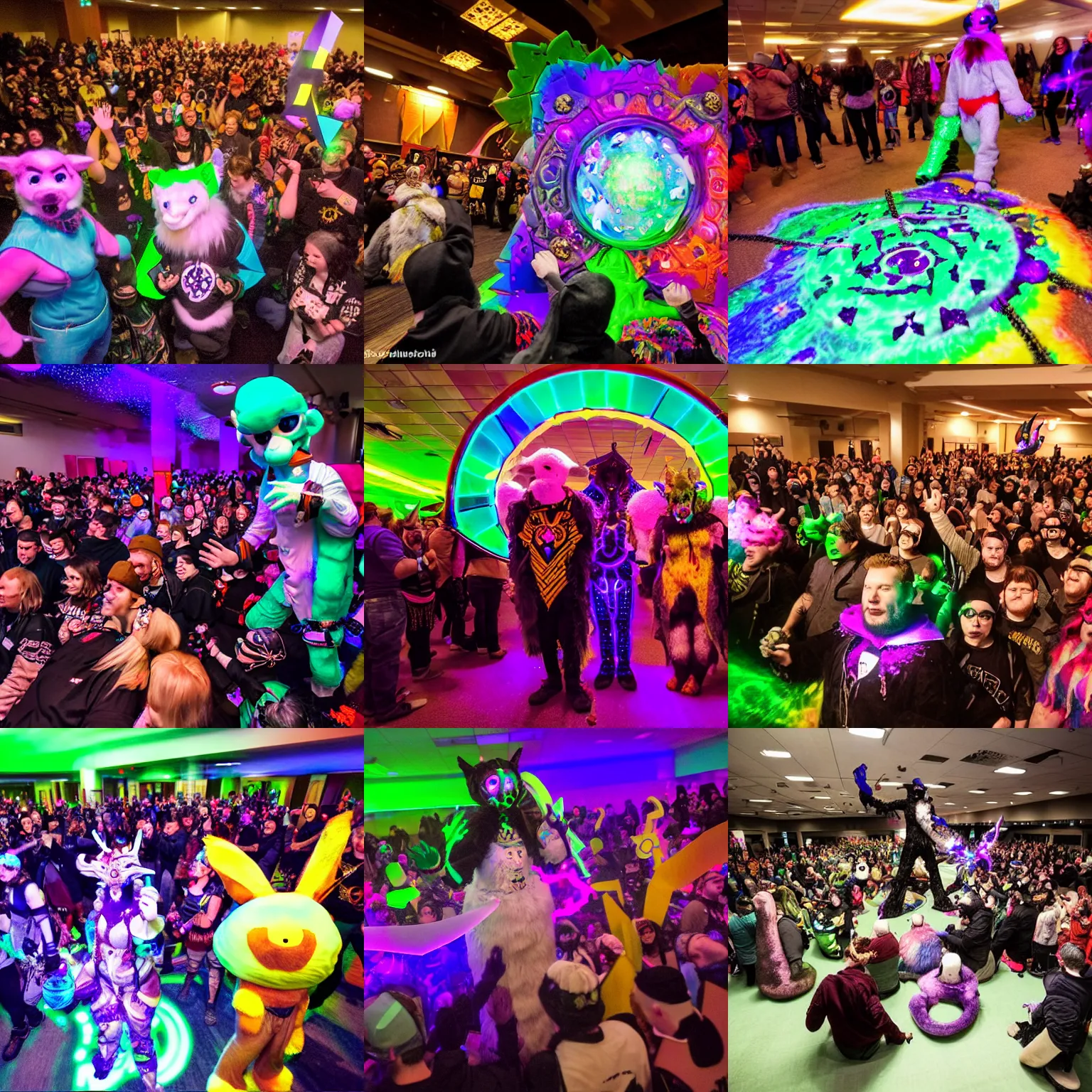 Prompt: Photo (undated) taken at Midwest FurFest's yearly fursuiter ritual/rave to keep The Astral Gate closed and hold the World-Eater at bay and so allow a new year to come. Numinous manifestation levels were at record high, resulting in several existential topological defects being breached alongside concordant cosmological spacetime tearing, but the experienced convention organizers found levels manageable.