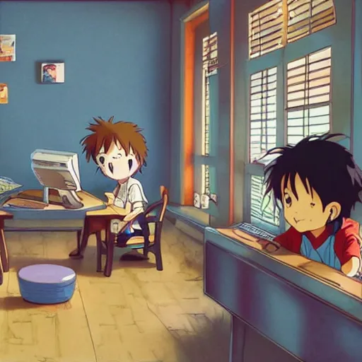 Prompt: anime, young kids playing computer games in a 9 0 s kid bedroom, happy, studio ghibli,