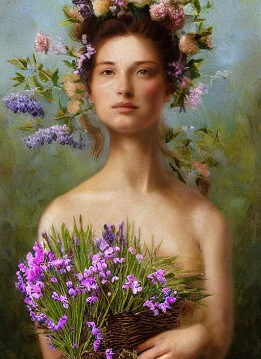 Prompt: a stunning intricate portrait of A beautiful woman, She's carrying a basket of flowers, and she has a sprig of lavender in her hair