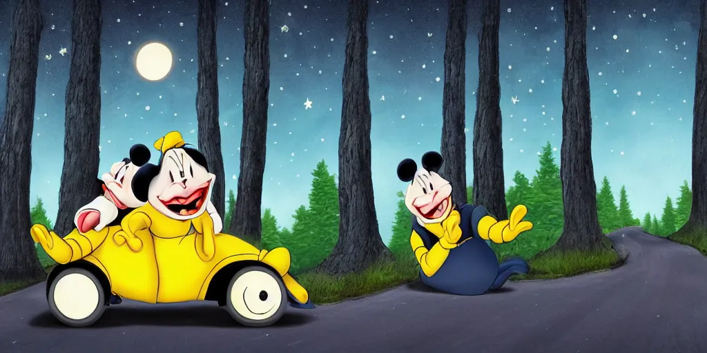 Prompt: tweedle dee and tweedle dum laughing hysterically, night, road between tall trees, dense forest, dark night, moon, in style of disney cartoon