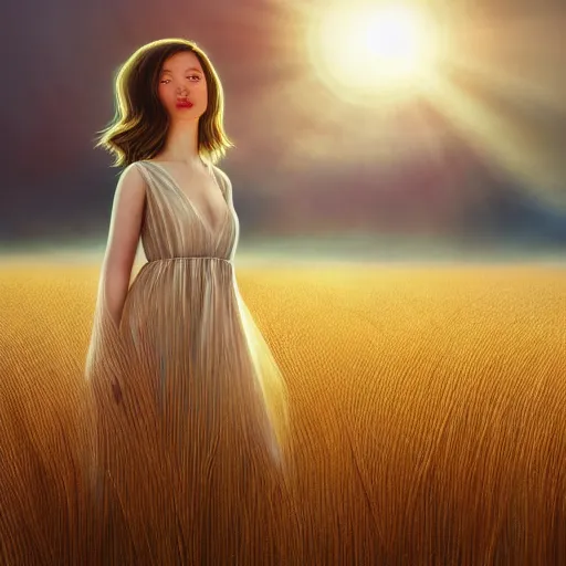 Image similar to close-up shot, a beautiful painting of a girl in a airy semi-transparent thin light dress standing in the glowing wheat fields, mystical setting, afternoon sun, long shadows, photo from the back, by Mark Ryden, artgerm, Bekzinski, WLOP, Felix Kelly and Ross Tran, trending on artstation