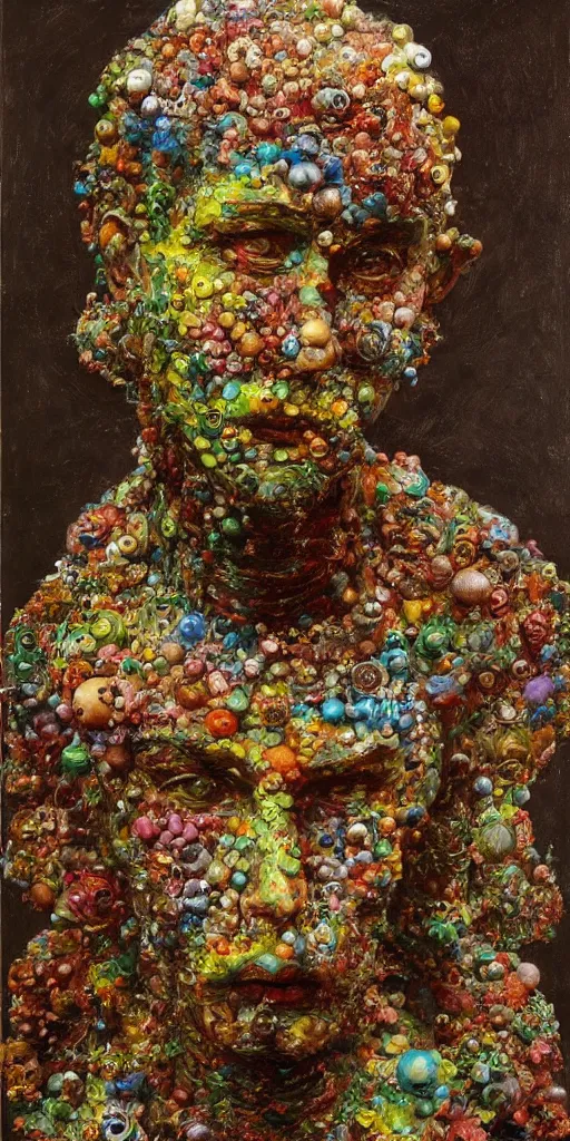 Image similar to a sculpture portrait made of bacteria and virus and molecules and atoms, painting part by wojciech siudmak, part by ilya repin, part by max ernst, part by norman rockwell, artstation