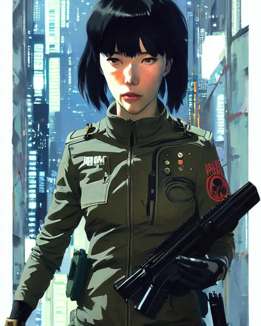 Image similar to girl wearing in tactical gear | | audrey plaza, fine detail!! anime!! realistic shaded lighting!! dramatic!! poster by ilya kuvshinov katsuhiro otomo ghost - in - the - shell, magali villeneuve, artgerm, jeremy lipkin and michael garmash and rob rey