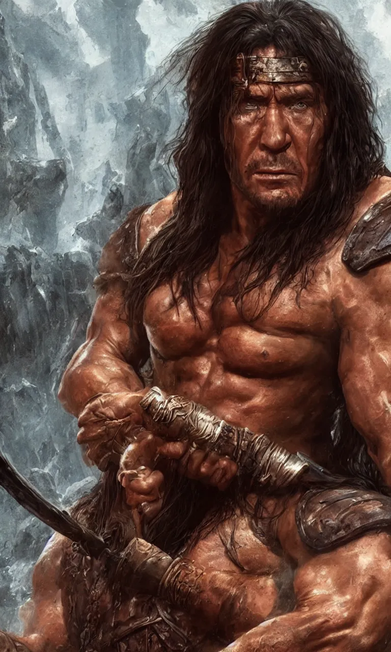 Prompt: hyper realistic digital painting of arnold swartzeneger as conan the barbarian by simon bisley and greg rutkowski, vivid color scheme, unreal engine 5