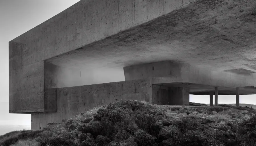 Prompt: military brutalist base perched on a cliff overlooking a magnificient bay, drawing architecture, fog horizon, pritzker architecture prize, greig fraser