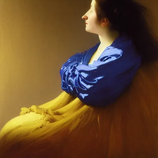 Image similar to a young woman's face, her hair is calcium white and she wears an cobalt blue satin cloak, by ivan aivazovsky and syd mead and moebius and gaston bussiere and roger dean and pieter claesz and paul delaroche and alma tadema and aelbert cuyp and willem claesz, hyperrealistic, volumetric light, octane render