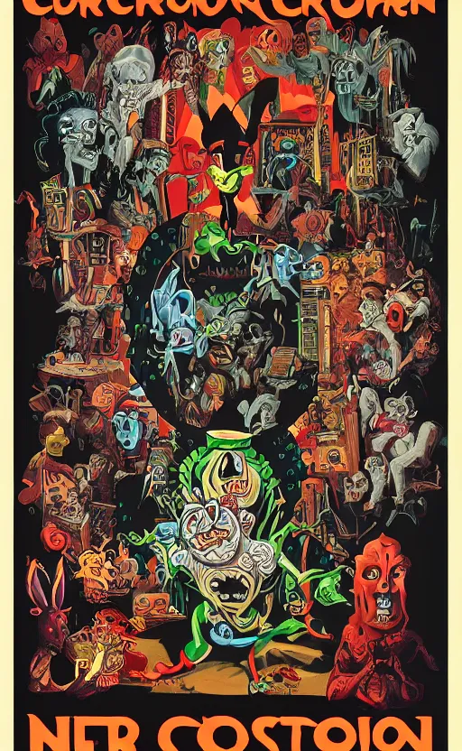Image similar to cursed with necronomicon horrorcore cel animation poster depicting easter bunny, intricate faces, metropolis, 1 9 5 0 s movie poster, post - processing, vector art