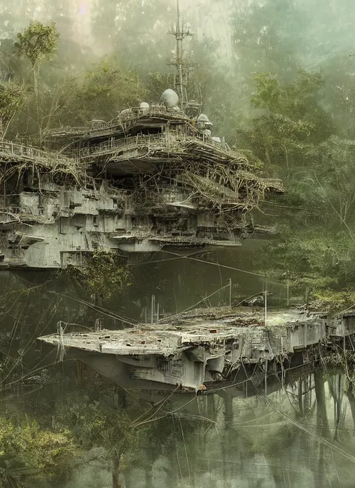 Image similar to decayed aircraft carrier USS Nimitz laying on the ground of a tropical forest, overgrown with vegetation, rust, hanging vines, post appocalyptic, by Luis Royo, by Greg Rutkowski, dark, gritty, intricate, cover illustration, concept art, volumetric lighting, volumetric atmosphere, sharp focus, octane render, trending on artstation, 8k