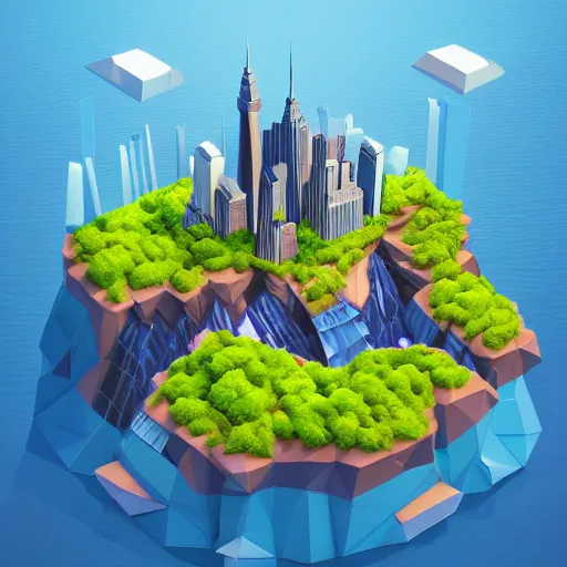 Prompt: new york as an island floating in the sky, low poly, isometric art, 3d art, waterfall, high detail, artstation, concept art, behance, ray tracing, smooth, sharp focus, ethereal lighting