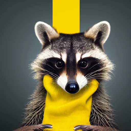 Image similar to happy racoon wearing a yellow turtleneck, studio, portrait, facing camera, studio, dark bg