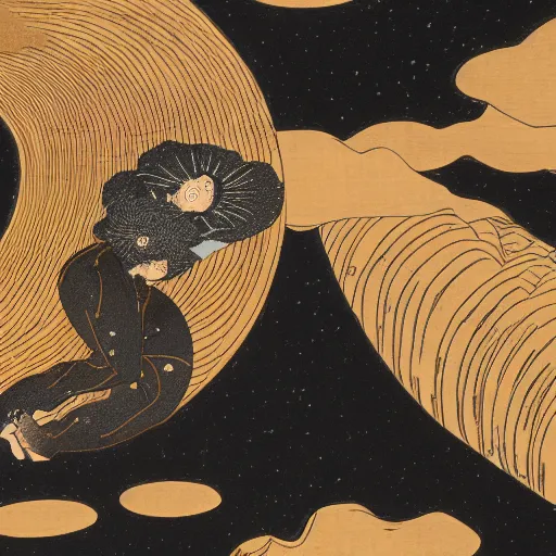 Prompt: a man falling into a black hole ukiyo - e, radiant light, detailed and intricate environment, 4 k, trending on art station, beautiful