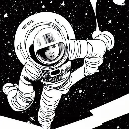 Prompt: clean simple line art of a woman floating in space. she is an astronaut, she is wearing a space suit. no background. well composed, clean coloring book page, beautiful detailed face. coloring book line art by greg rutkowski and steve ditko and jack kirby