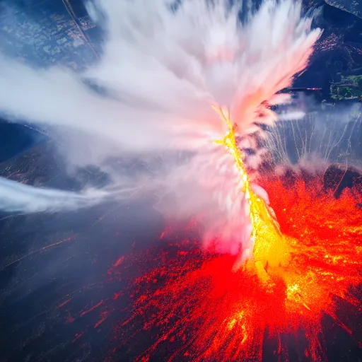 Image similar to eruption of vulcano, aerial view, dramatic lighting, cinematic