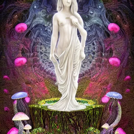 Prompt: an idealistic marble statue with classic cloth and fractal flowery hair in a fractal garden, glowing delicate flower and mushrooms that grow in a dark fatansy forest on the planet pandora,, symmetrical,