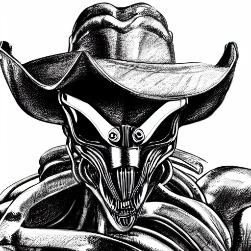Prompt: a pencil sketch of a xenomorph wearing a cowboy hat, white background, fine detail, 8 k details