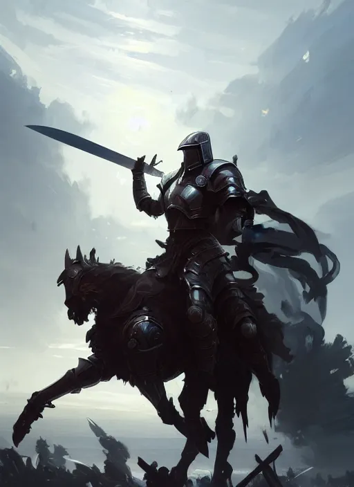 Image similar to epic war commander with futuristic helmet holding two gigantic sword and riding a standing horse. highly detailed, digital painting, concept art, smooth, sharp focus, illustration, art by greg rutkowski