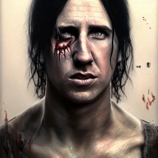 Image similar to young and handsome trent reznor as a zombie with shoulder length hair, 7 days to die zombie, realistic proportions, fine art, award winning, intricate, elegant, sharp focus, cinematic lighting, digital painting, 8 k concept art, art by brom, art by guweiz and z. w. gu, art by michael hussar, 8 k