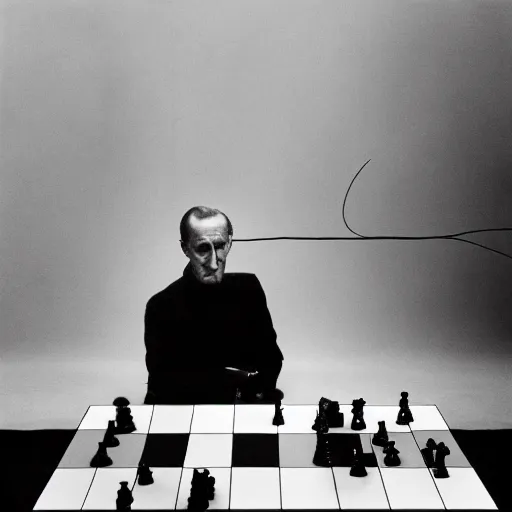 Image similar to a minimalist portrait of Marcel Duchamp holding computer cabled and chess piece in the style of Annie Leibovitz, Irving Penn, Hito Steyerl, Akira Kurosawa, Shinya Tsukamoto, wide angle, monochrome, futuristic tetsuo