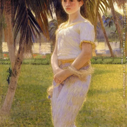 Image similar to a ultradetailed beautiful painting of a girl in the amazonas palace designed by jules bastien - lepage, hans belmer, frank weston and gustave baumann, beach, trending on artstation, mediterranean, palm trees, light sparkles, sharp focus, soft light, 8 k 4 k