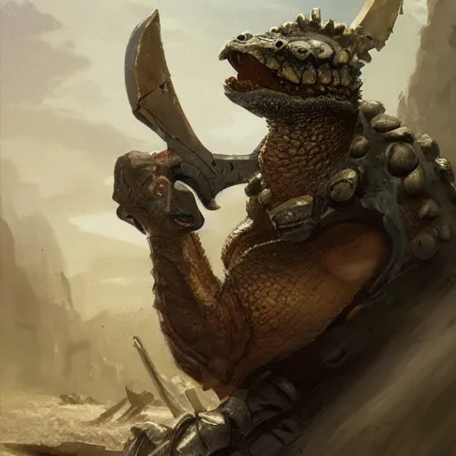 Image similar to anthropomorphic snapping turtle with warhammer, greg rutkowski