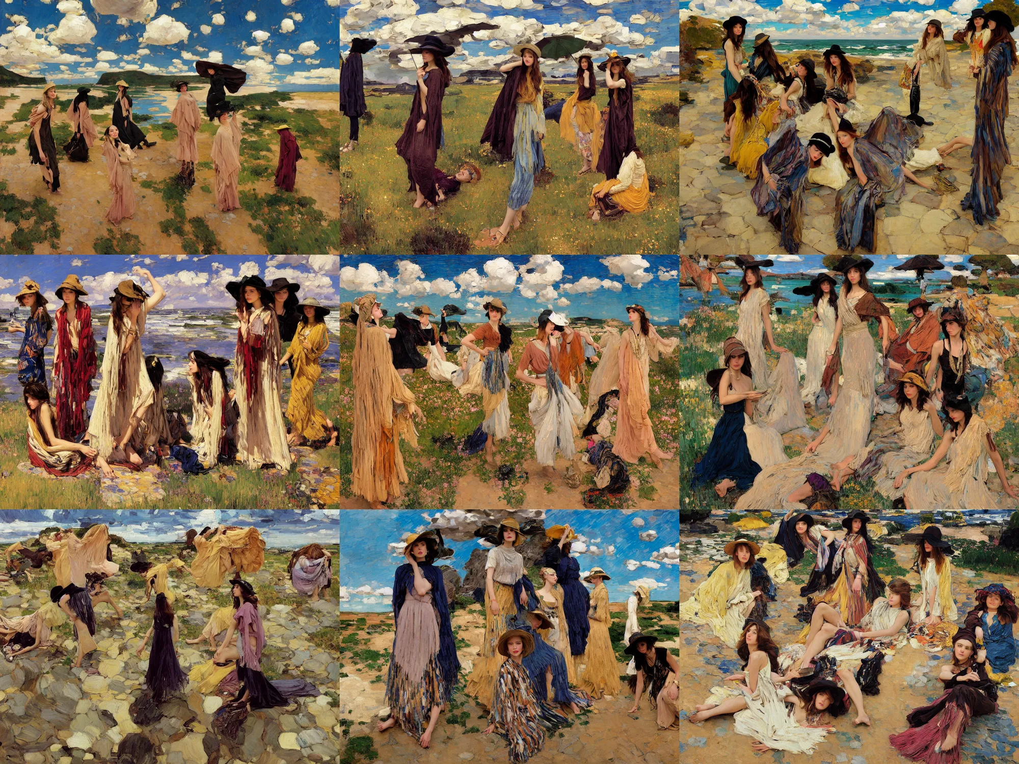 Prompt: portrait of group of fashionable young womans wearing rich jewerly hat and boho poncho, lying pose on stones, dynamic poses, Low poly, thunder clouds in the sky, artwork by Joaquin Sorolla and john william waterhouse and Denis Sarazhin and klimt and rhads and van gogh and Dean Ellis and Detmold Charles Maurice, levitation, industrial rusty pipes, simple form, brutal shapes