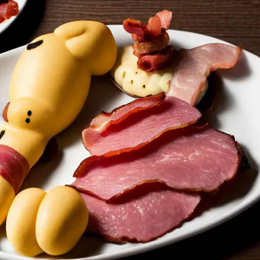 Image similar to close up of winnie the pooh with a plate of sausage and bacon and ham hock, cinematographic shot, cartoon