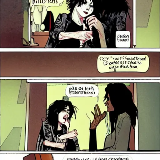 Prompt: an empathetic death from the'the sandman'comics, realism, soft lighting, cute, kindness, cafe