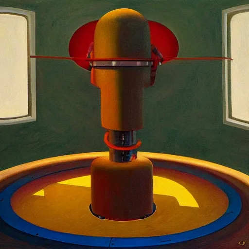 Image similar to robot being reanimated inside a dome - shaped control center, evil lair, grant wood, pj crook, edward hopper, oil on canvas