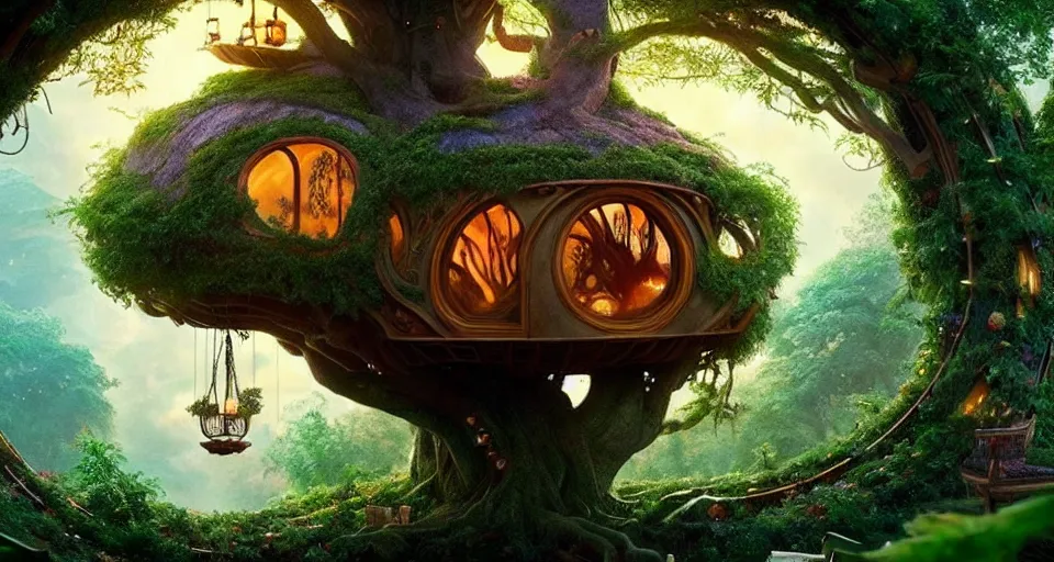 Prompt: An incredibly beautiful scene from a 2022 Marvel film featuring a cozy art nouveau reading nook inside of a fantasy tree house. 8K UHD.