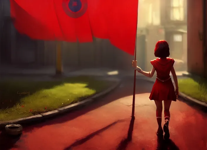 Image similar to glowing girl carrying a red propaganda flag walking through poor district, DSLR 85mm, by Craig Mullins, ilya kuvshinov, krenz cushart, artgerm, Unreal Engine 5, Lumen, Nanite