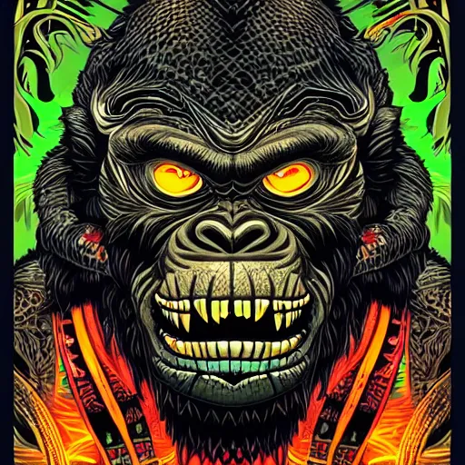 Image similar to barong family member, wiwek, mara demon, one single tribe member, jungle, one single mask, dark, ancient warrior, violent gorilla, lizard rage, tribal, inner glow, art by dan mumford and justin gerard