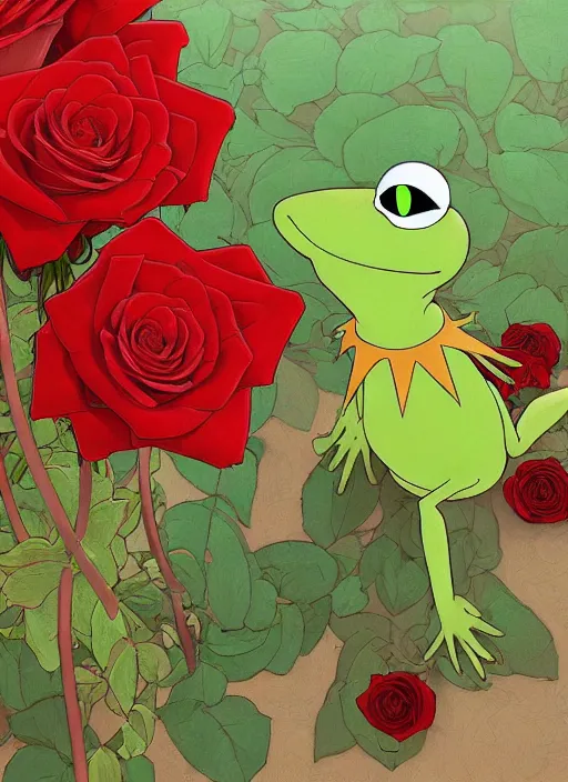 Image similar to kermit posing on a bed colorful red roses, path traced, highly detailed, high quality, digital painting, by studio ghibli and alphonse mucha, leesha hannigan, makoto shinkai, disney