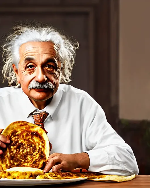 Image similar to a portrait of albert einstein sitting at the dining table with a plate containing kerala parotta in front of him, highly detailed, trending on artstation, bokeh, 9 0 mm, f / 1. 4