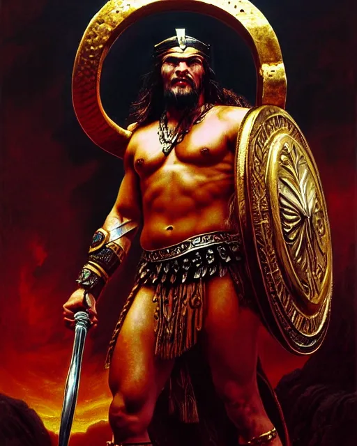 Prompt: beautiful portrait oil painting, jason momoa conan the barbarian wearing a golden wreath crown in royal crimson spartan armor enthroned as the god emperor of ancient rome, mid - shot, action pose, standing in a dungeon, frank frazetta, boris vallejo, greg rutkowski, beautiful cinematic light, american romanticism, by thomas lawrence, greg rutkowski