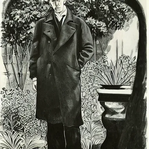 Prompt: sherlock holmes posing for a portrait, garden, smoking cigar, by henri matisse