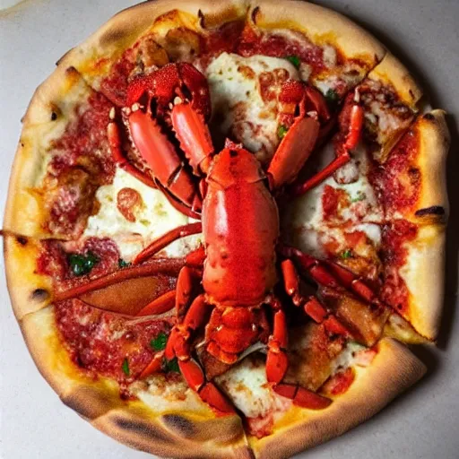 Prompt: an entire lobster on top of a pizza