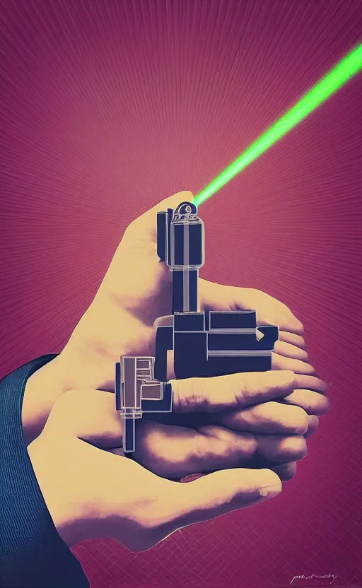 Image similar to “ hand in glove holding laser gun from the side, geometric, retro, digital art, award winning ”