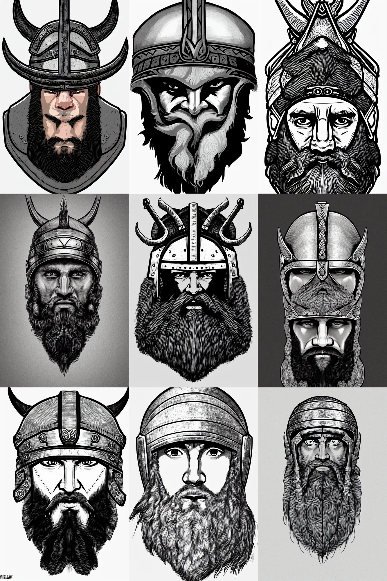 Prompt: detaileddrawing a head of a beared viking wearing helmet, white background, front face symmetrical, trending on artstation jericojhones penup