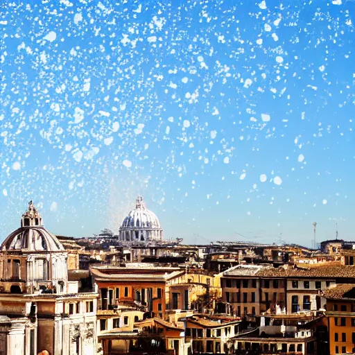 Prompt: The city of Rome under the snow on August. It's snowing everywhere on the entire cityscape of Rome under a blue sky and a very hot sun. It's crazy hot with red hot flames and fire everywhere but also very big snowflakes. People walk wearing swimsuits, tee shirts and shirt dresses and are very puzzled.