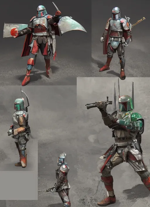 Prompt: boba fett as a medieval knight, fantasy inspired boba fett as a knight in a scenic environment, 3 d digital art, character mashup, epic volumetric lighting, combination art, photorealistic, sharp focus, aesthetic, inspired by zbrush