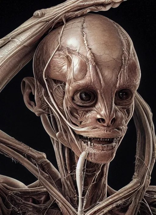 Prompt: alien head with translucent skin, visible muscles and veins and arteries and bones and spines and nerves, beautiful detailed intricate insanely detailed octane render, 8k artistic photography, photorealistic, chiaroscuro, by David Cronenberg, Raphael, Caravaggio