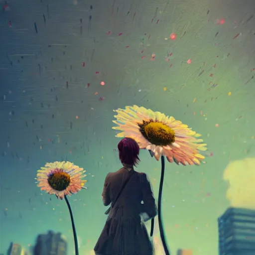 Image similar to closeup, huge daisy flower head, woman in modern city, surreal photography, night light, dark, impressionist painting, digital painting, artstation, simon stalenhag