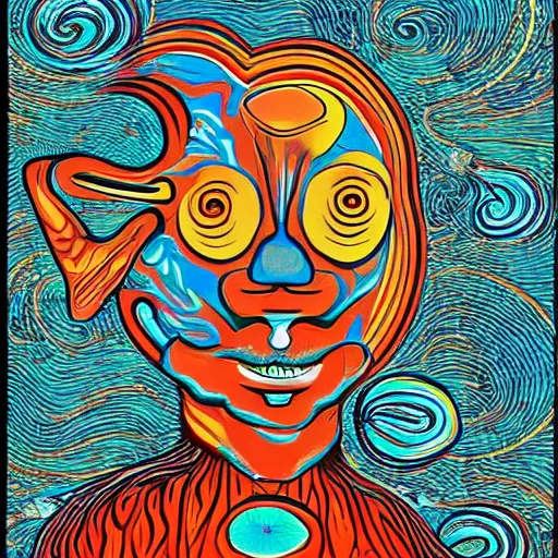 Image similar to man with a fish head, psychedelic art, esoteric, optical illusion