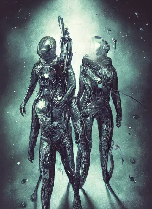 Image similar to astronauts in the dark infinite underwater void - complex and hyperdetailed technical suit, fabric material. reflection and dispersion materials. rays and dispersion of light. volumetric light. wide angle, f / 3 2. noise film photo. flash photography. ultra realistic, wide angle. poster by wayne barlowe, hajime sorayama aaron horkey, craig mullins